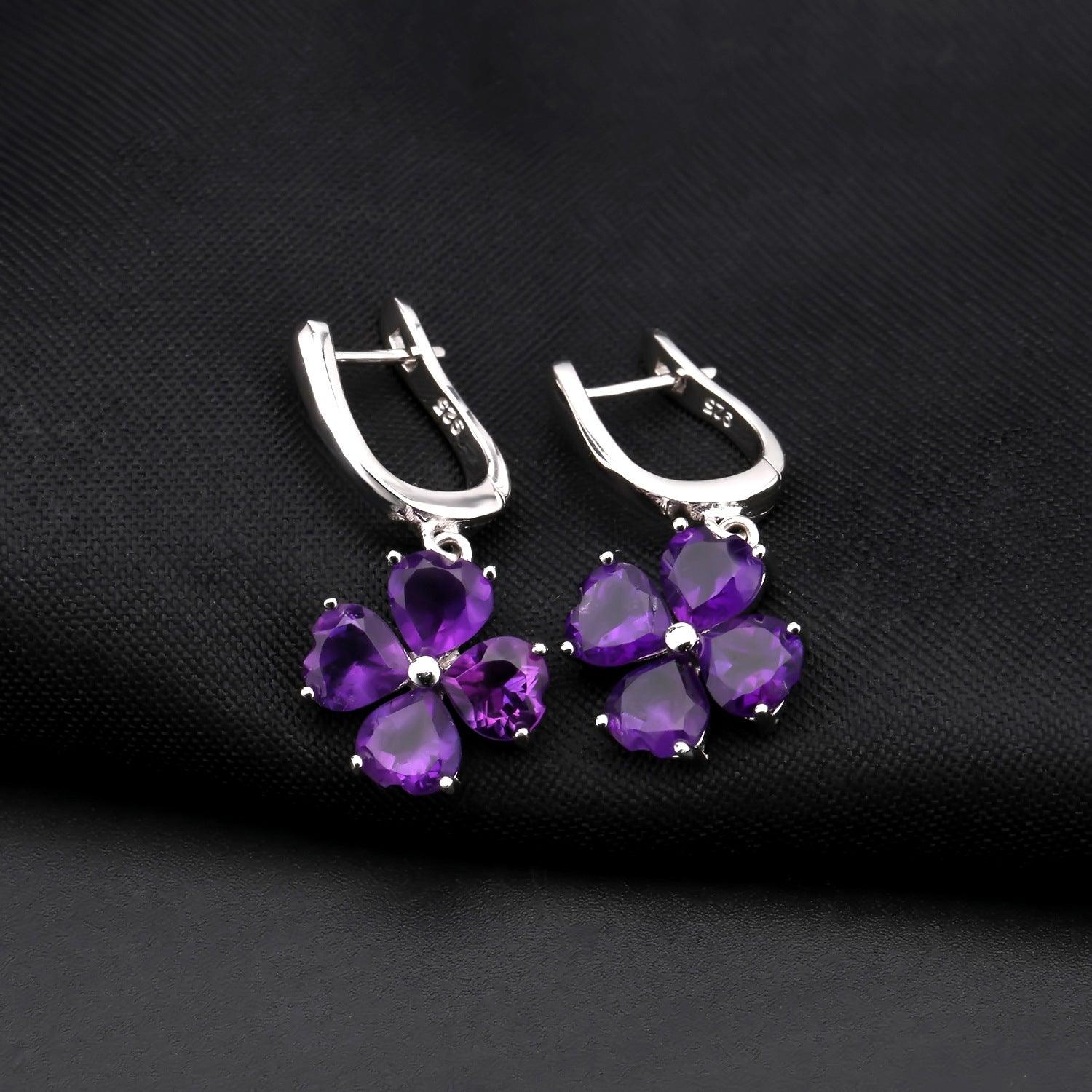 Amethyst four leaf clover design S925 sterling silver earrings