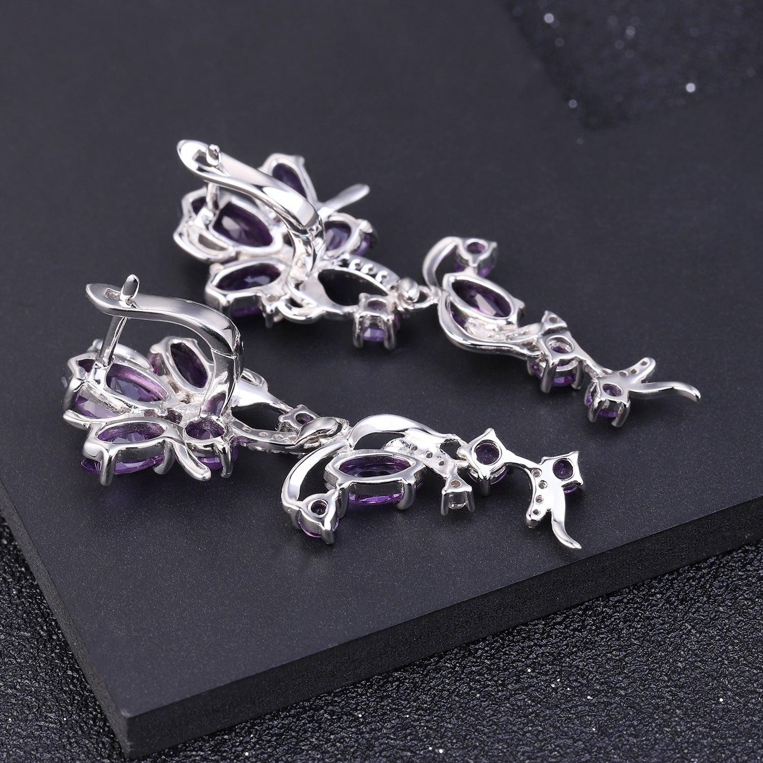 Natural gemstone luxury inlaid orchid design S925 sterling silver earrings