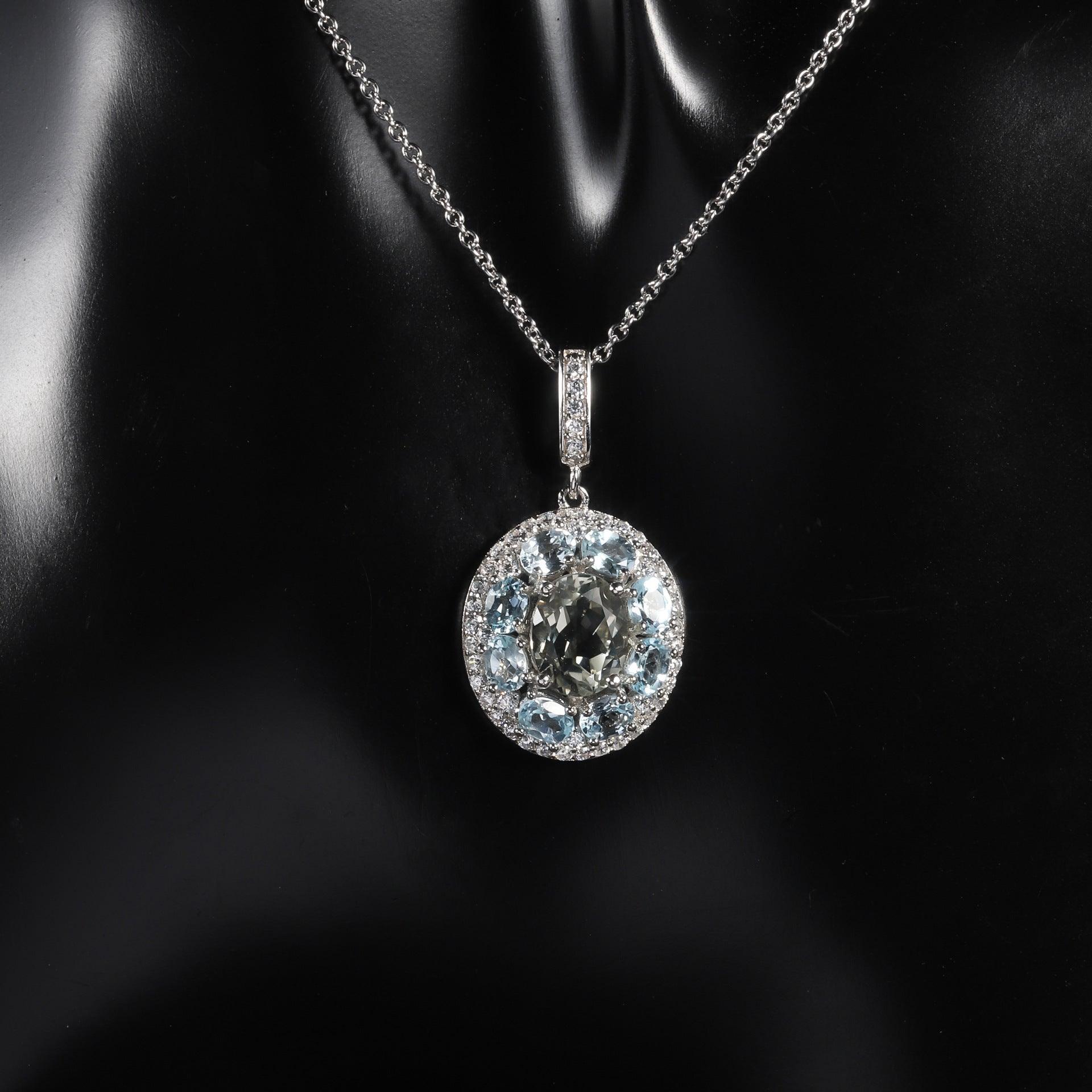 Classic Design S925 Sterling Silver Inlaid Natural Topaz Green Amethyst Pendant