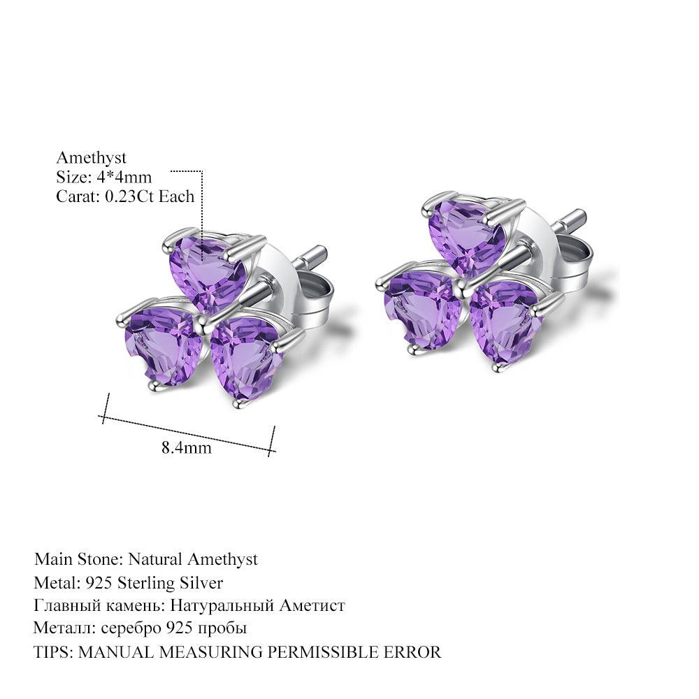 Petal Heart S925 Sterling Silver Natural Amethyst Stud Earrings