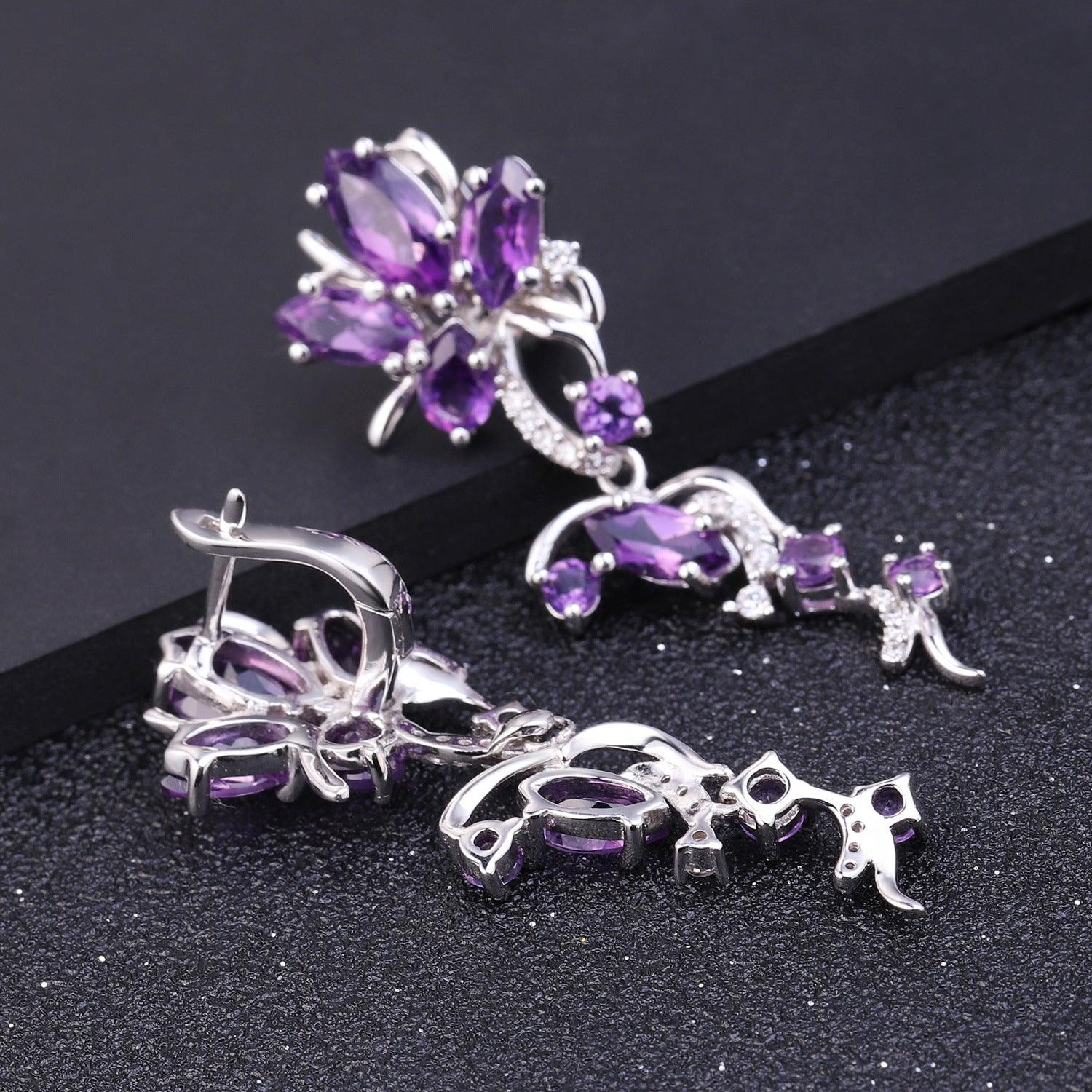 Natural gemstone luxury inlaid orchid design S925 sterling silver earrings