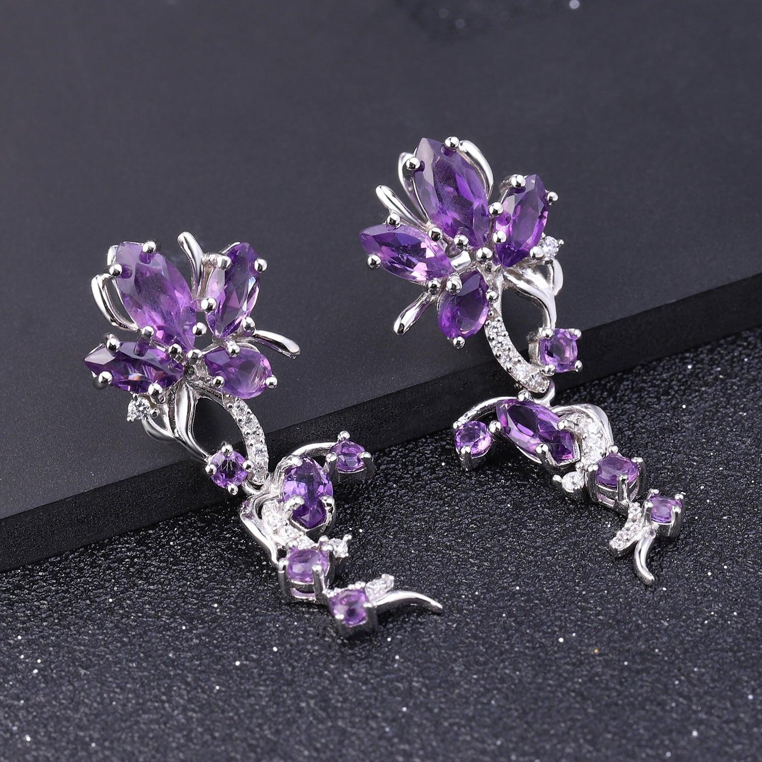 Natural gemstone luxury inlaid orchid design S925 sterling silver earrings
