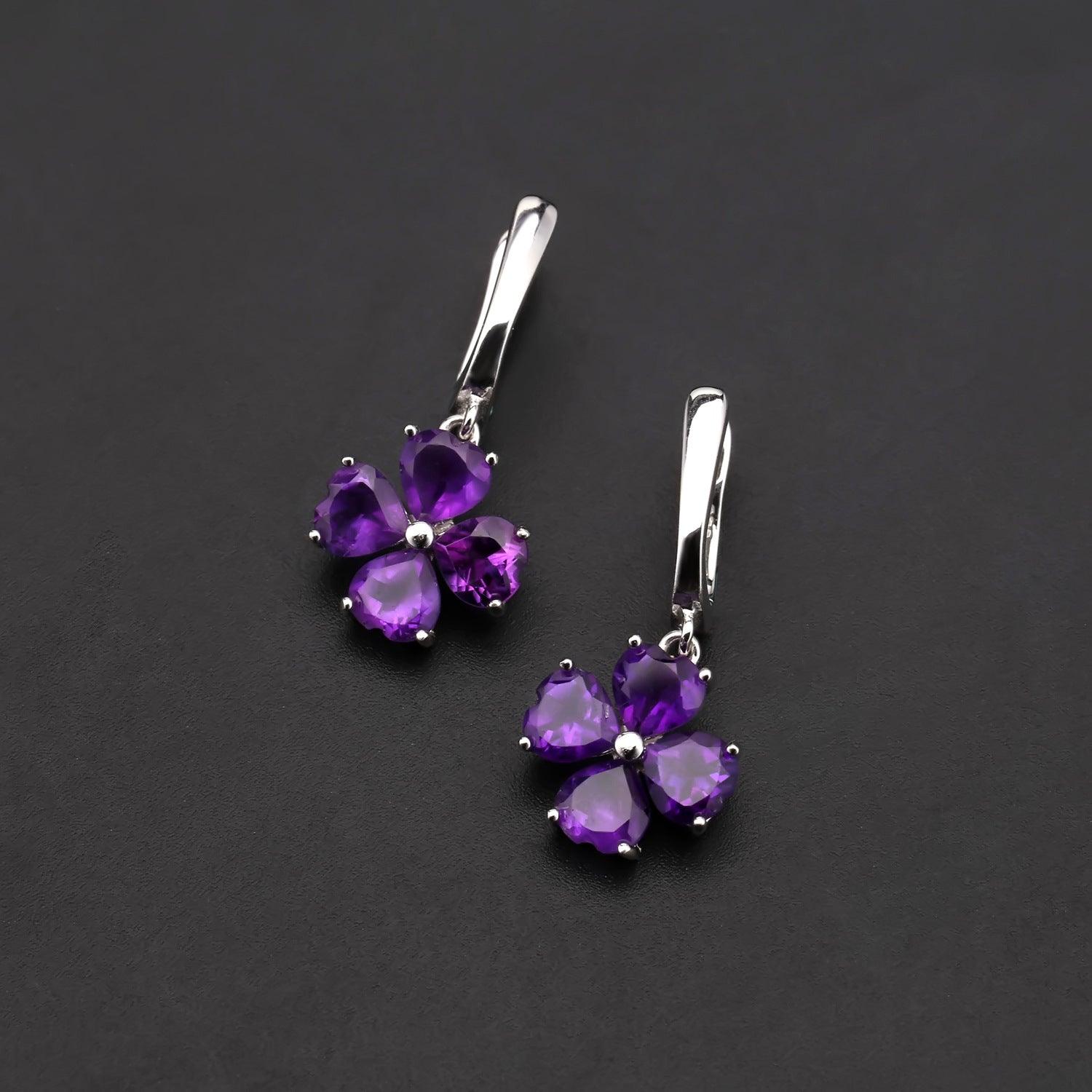 Amethyst four leaf clover design S925 sterling silver earrings