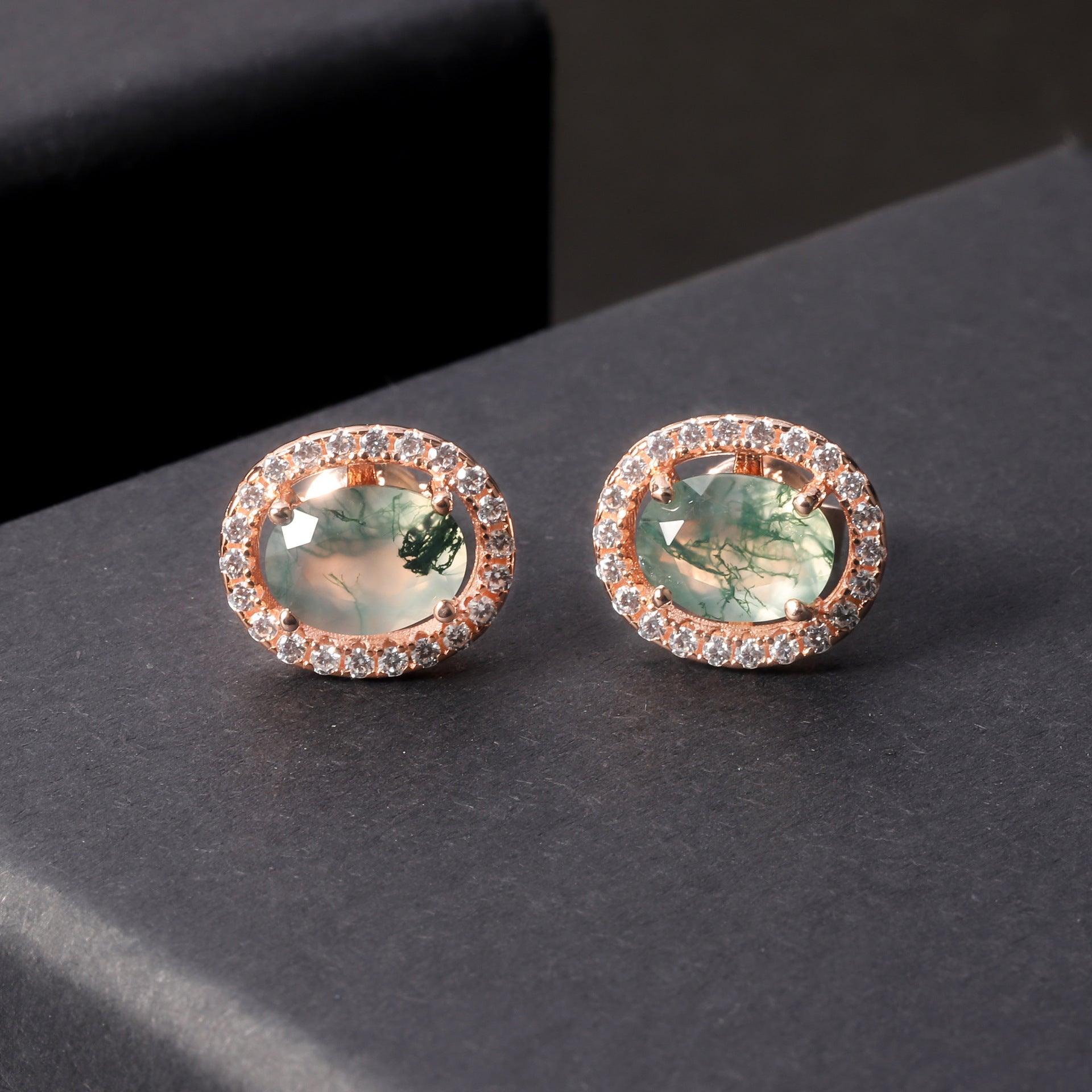 Natural Waterweed Agate Vintage Oval S925 Sterling Silver Stud Earrings