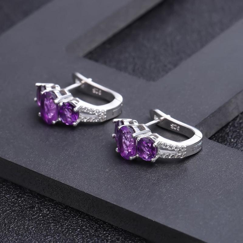 Classic Series Triple Gemstone S925 Silver Inlaid Natural Amethyst Earrings