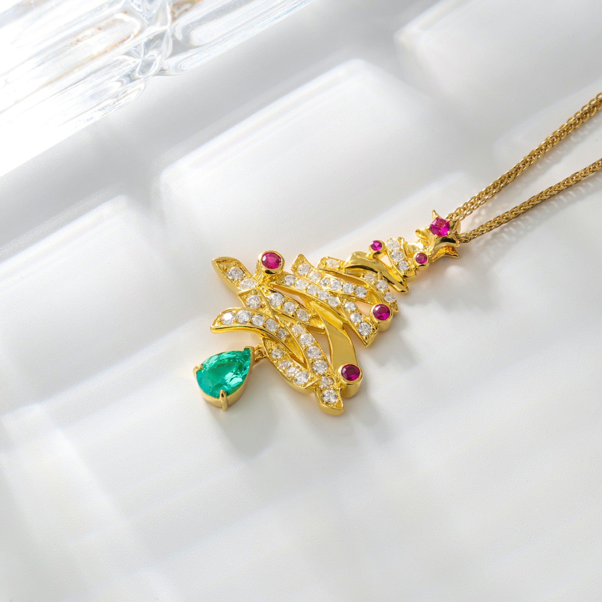 Artificial Gemstone Christmas Tree Design S925 Sterling Silver Necklace