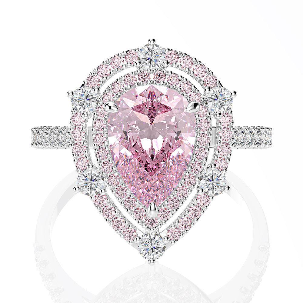 Luxury inlaid synthetic water drop pink diamond S925 sterling silver ring-BlingRunway