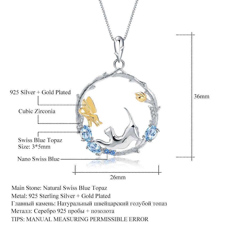 Cat under the Butterfly S925 Sterling Silver natural topaz necklace-BlingRunway