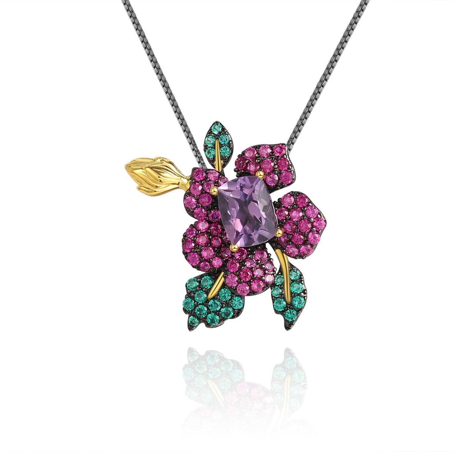 Natural gemstone and natural flower design S925 sterling silver brooch pendant with two wearing styles-BlingRunway