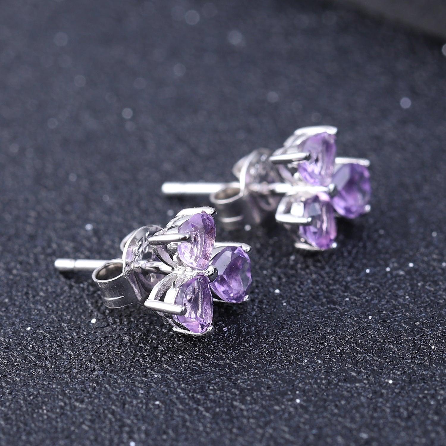 Petal Heart S925 Sterling Silver Natural Amethyst Stud Earrings-BlingRunway