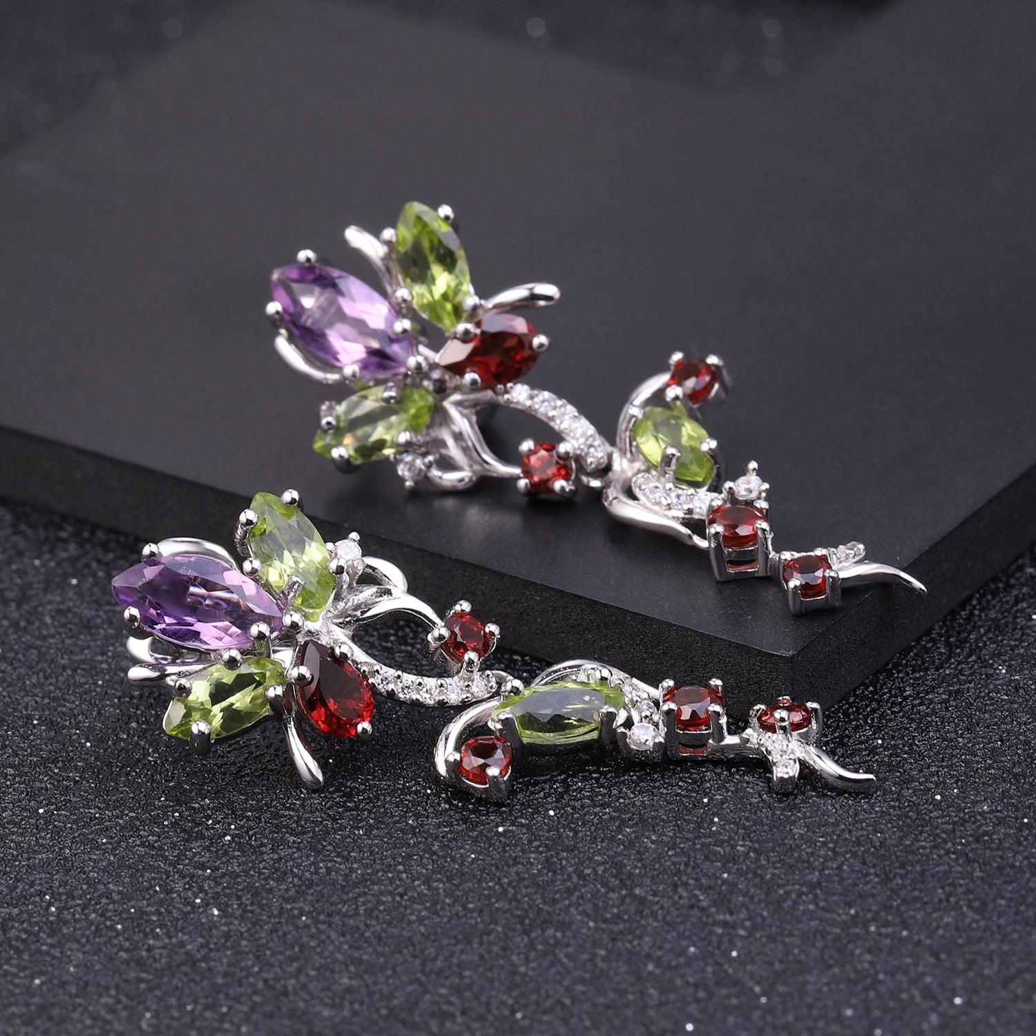 Natural gemstone luxury inlaid orchid design S925 sterling silver earrings