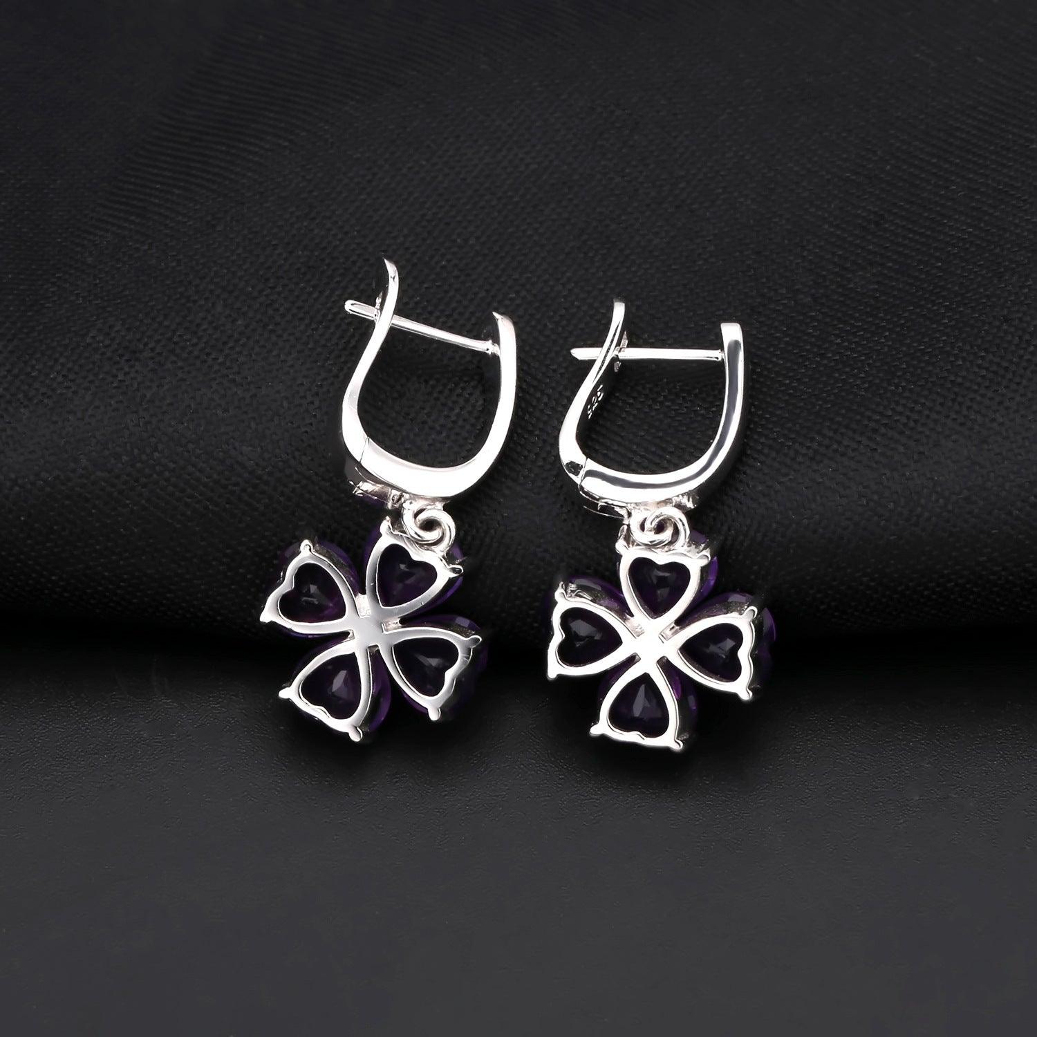 Amethyst four leaf clover design S925 sterling silver earrings