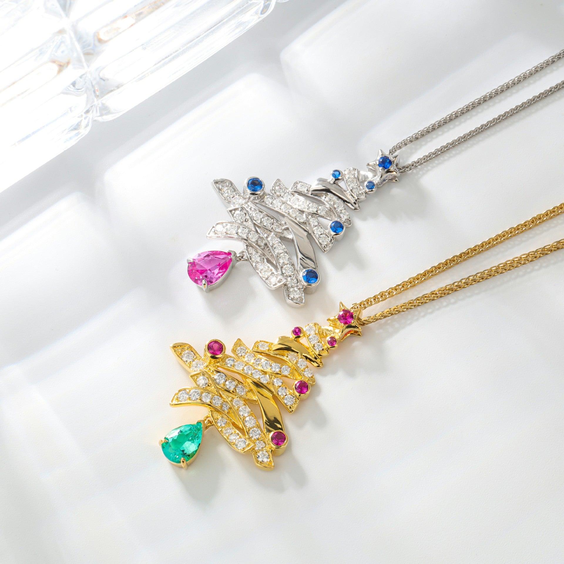Artificial Gemstone Christmas Tree Design S925 Sterling Silver Necklace