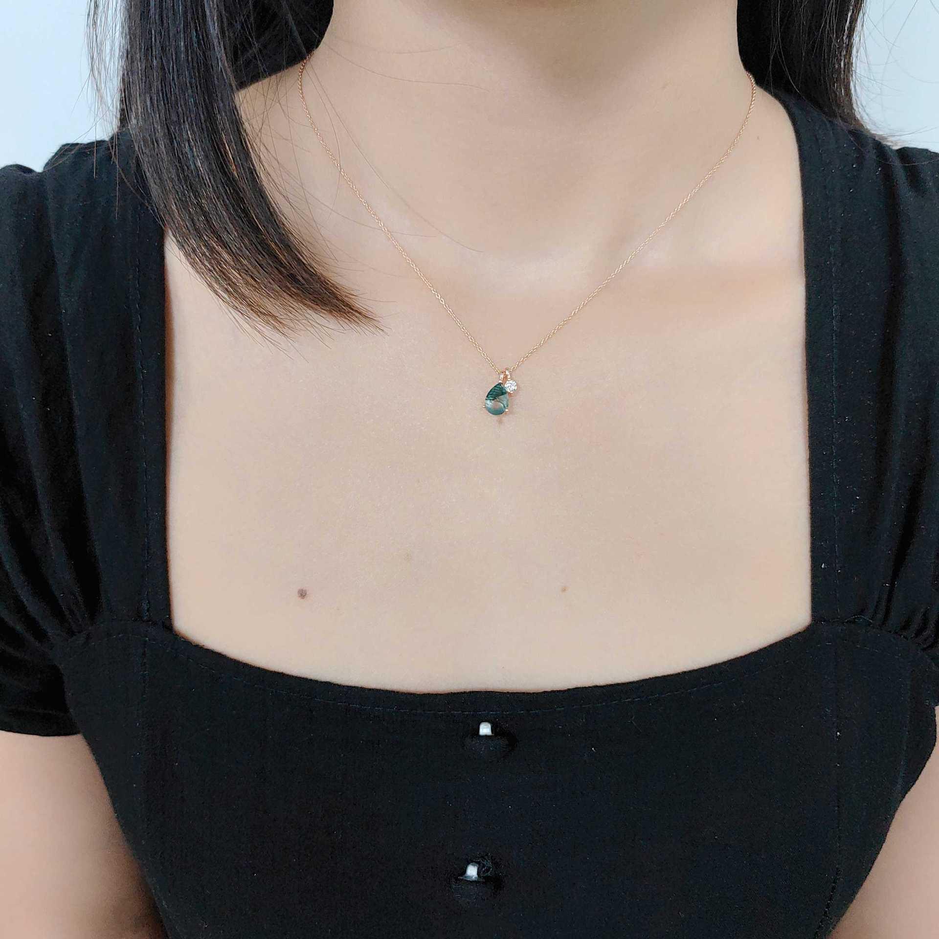 Double Pendant Drop Shape S925 Sterling Silver Natural Waterweed Agate Necklace