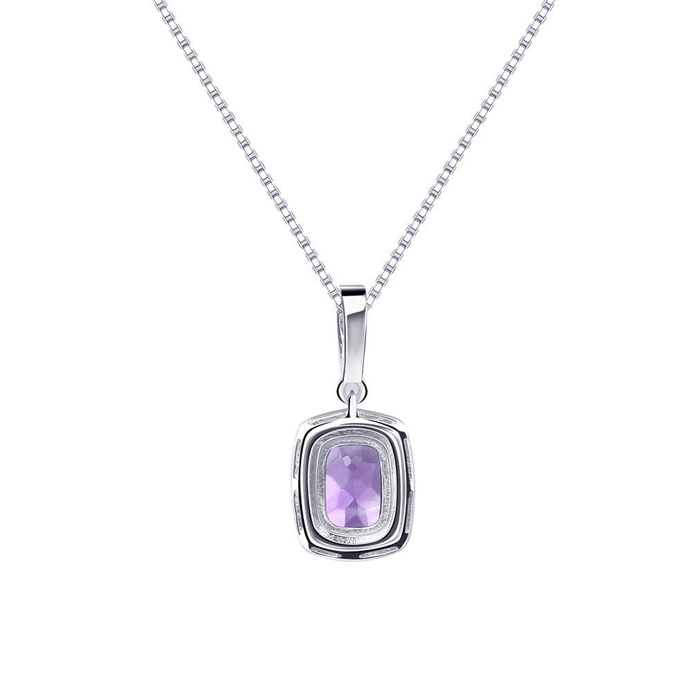 Classic Square S925 Silver Inlaid Natural Amethyst Necklace Pendant
