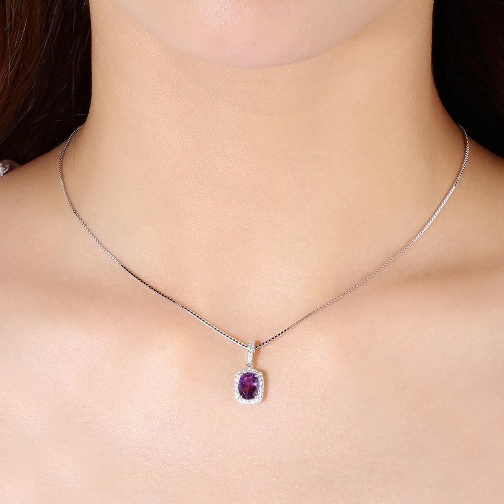 Classic Square S925 Silver Inlaid Natural Amethyst Necklace Pendant