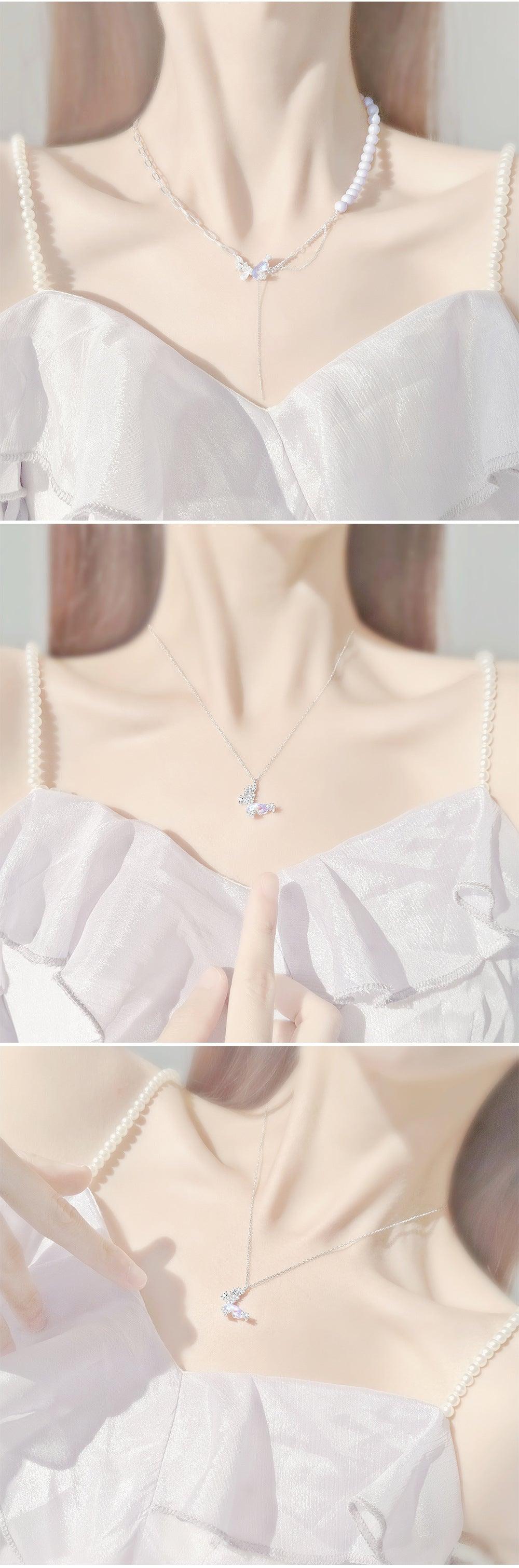 S925 Sterling Silver Pearl Stitching Aurora Butterfly Necklace Spice Girls Advanced Sense Clambone Chain