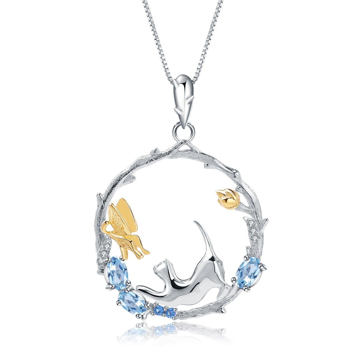 Cat under the Butterfly S925 Sterling Silver natural topaz necklace-BlingRunway