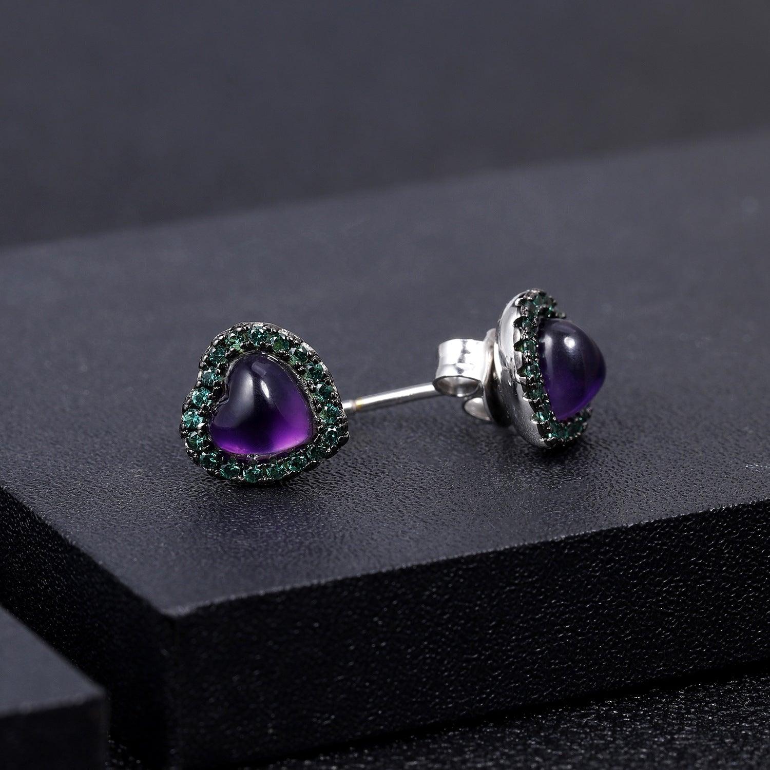 Natural amethyst Heart Design S925 Sterling Silver Earrings