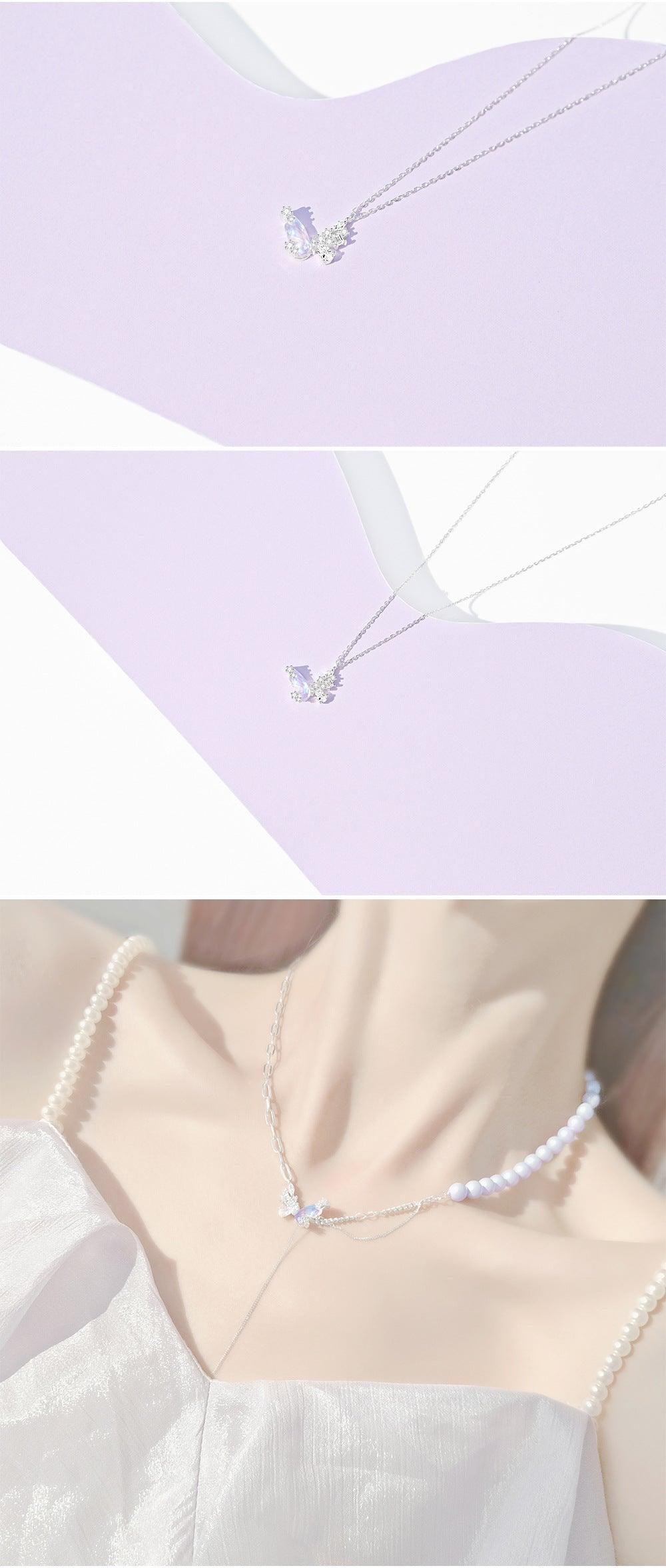 S925 Sterling Silver Pearl Stitching Aurora Butterfly Necklace Spice Girls Advanced Sense Clambone Chain