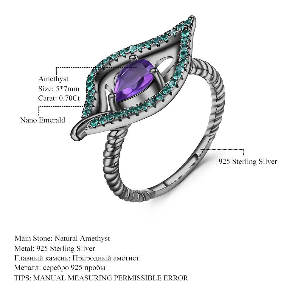 Natural Maple Leaf Design S925 Sterling Silver Inlaid Natural Amethyst Ring-BlingRunway