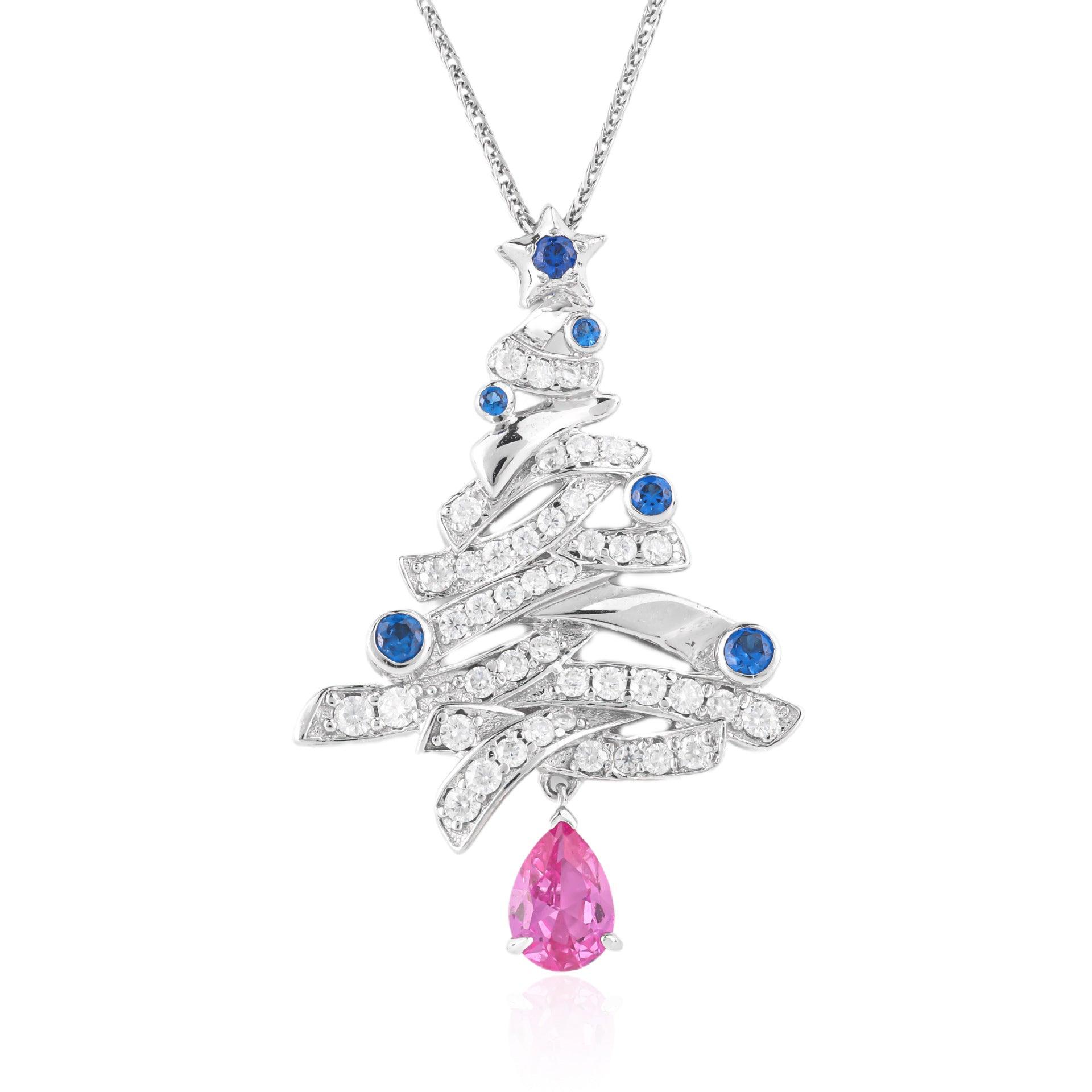 Artificial Gemstone Christmas Tree Design S925 Sterling Silver Necklace