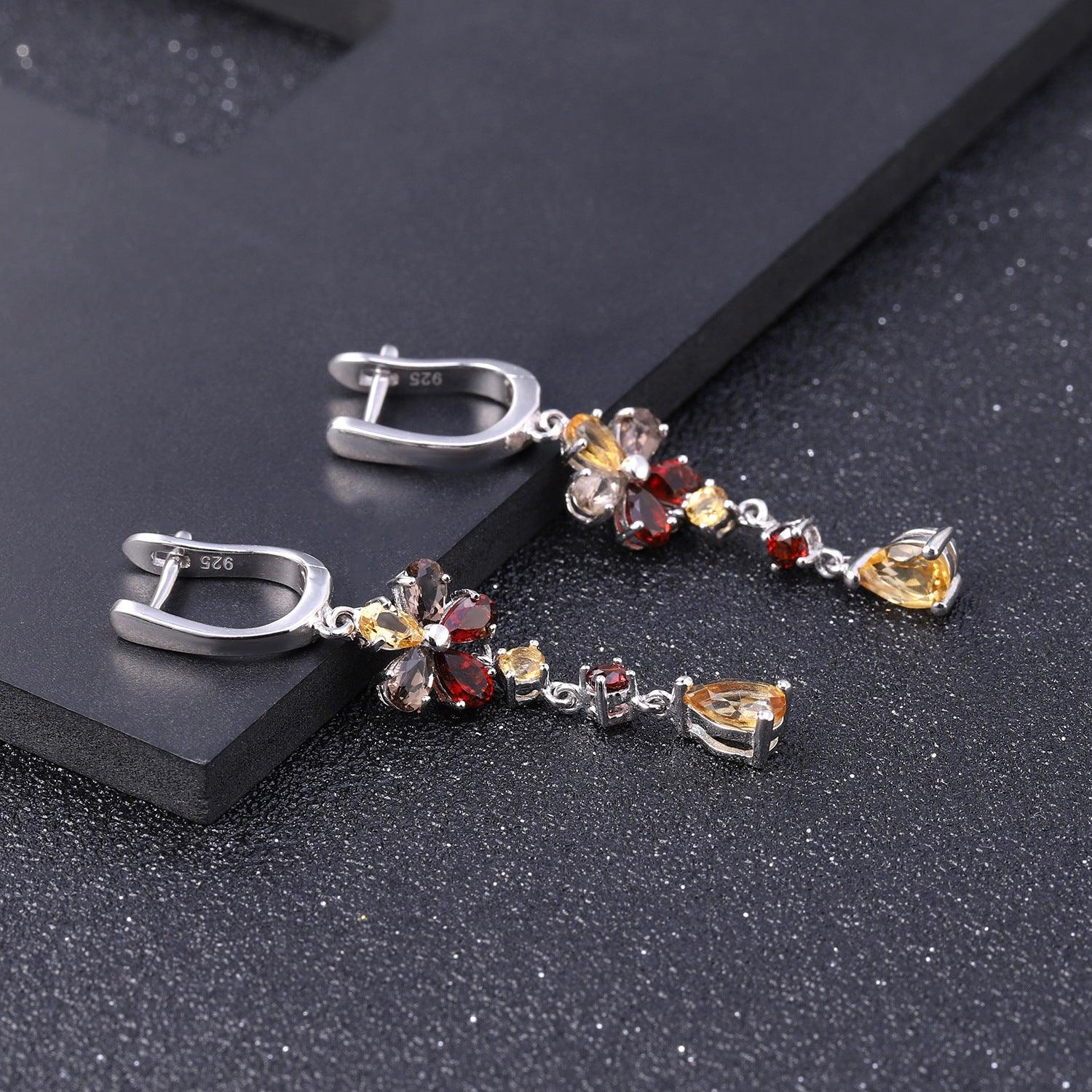 Natural Gemstone Sunflower Design S925 Sterling Silver Earrings