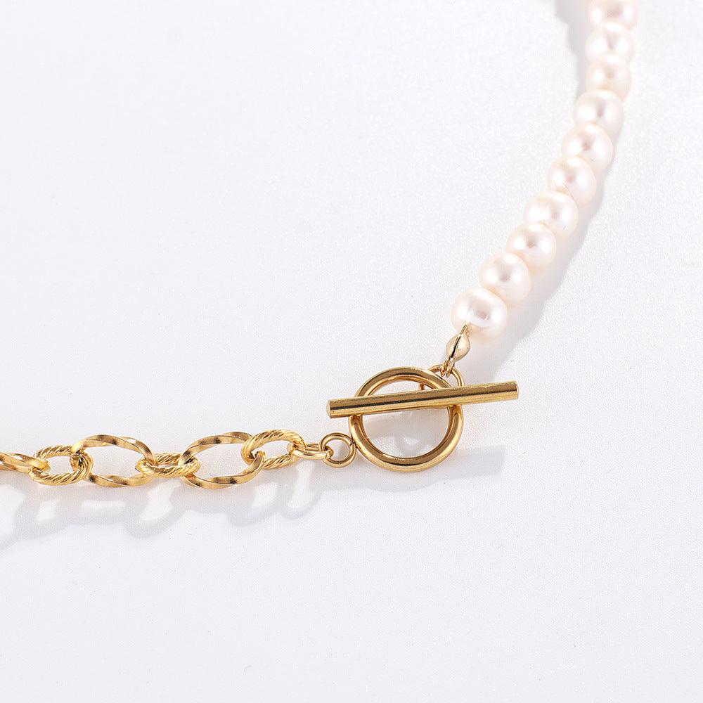 Classic Freshwater Pearl OT Buckle Half Pearl Half Chain Necklace