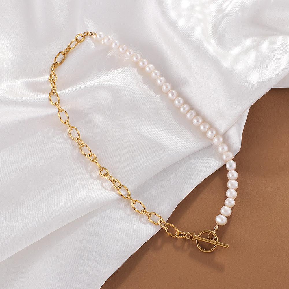Classic Freshwater Pearl OT Buckle Half Pearl Half Chain Necklace