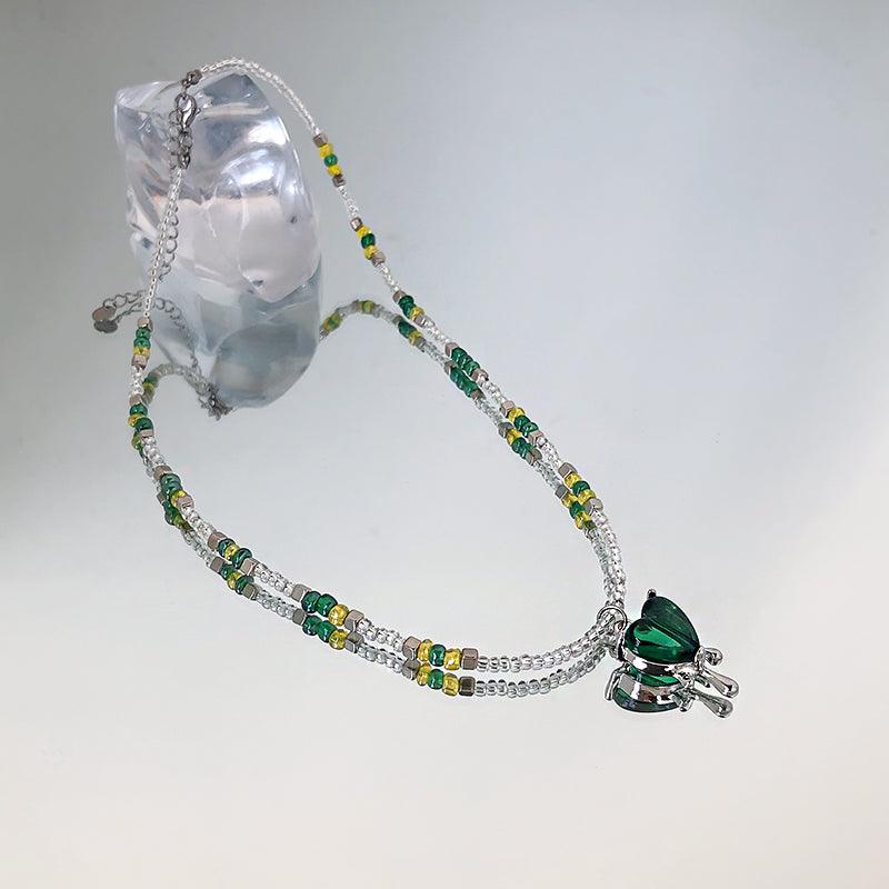 Colorblock Beaded Green Glass Melted Heart Pendant Necklace