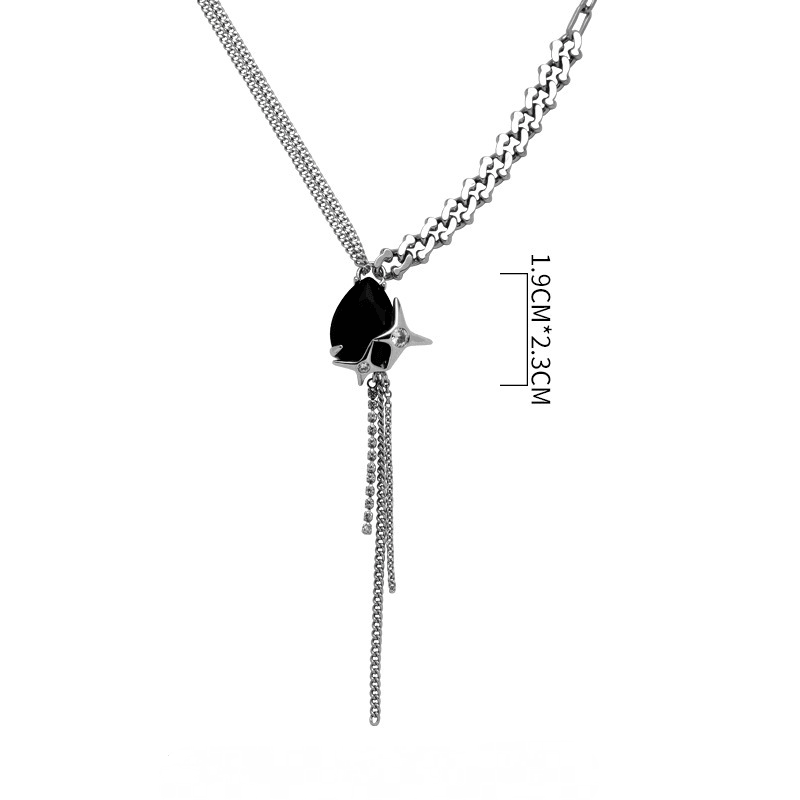 Four-pointed star black crystal metal tassel necklace