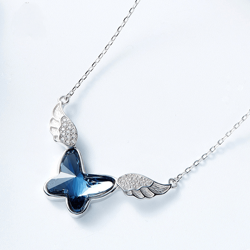 Angel Wings Sterling Silver Blue Crystal Butterfly Necklace