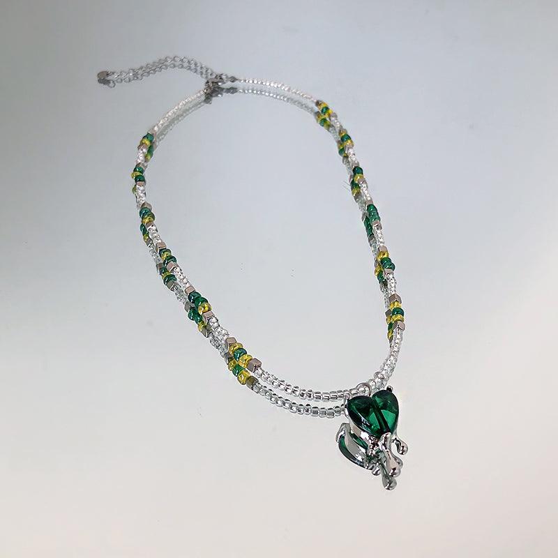 Colorblock Beaded Green Glass Melted Heart Pendant Necklace