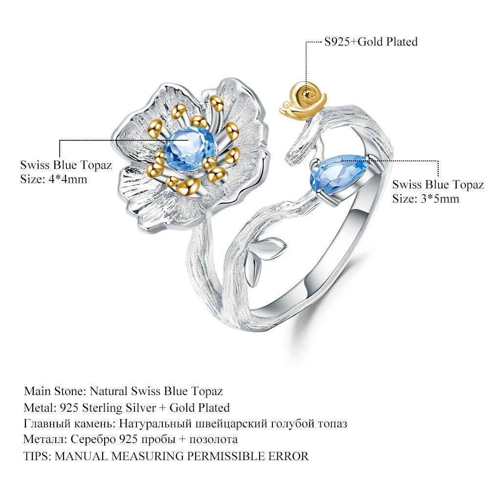 Natural Wind Floral Design Topaz Crystal Blue 925 Sterling Silver Ring