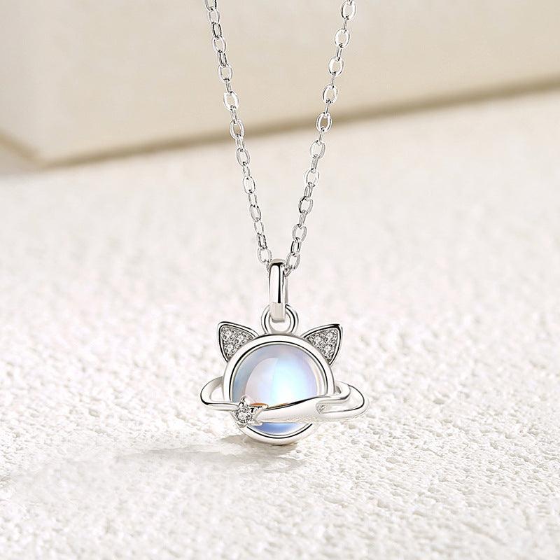 Cosmic Planet Cat Moonstone Sterling Silver Necklace