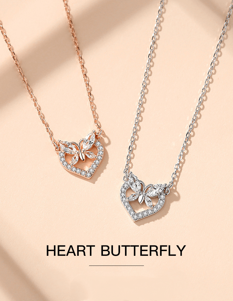 925 Sterling Silver Gold Heart Butterfly Necklace
